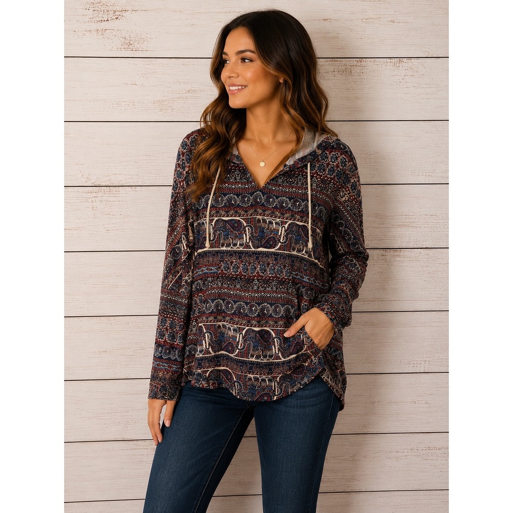 Yak & Yeti Elephant Paisley Boho Hoodie V-Neck Top XL Blue Red 22658 NEW